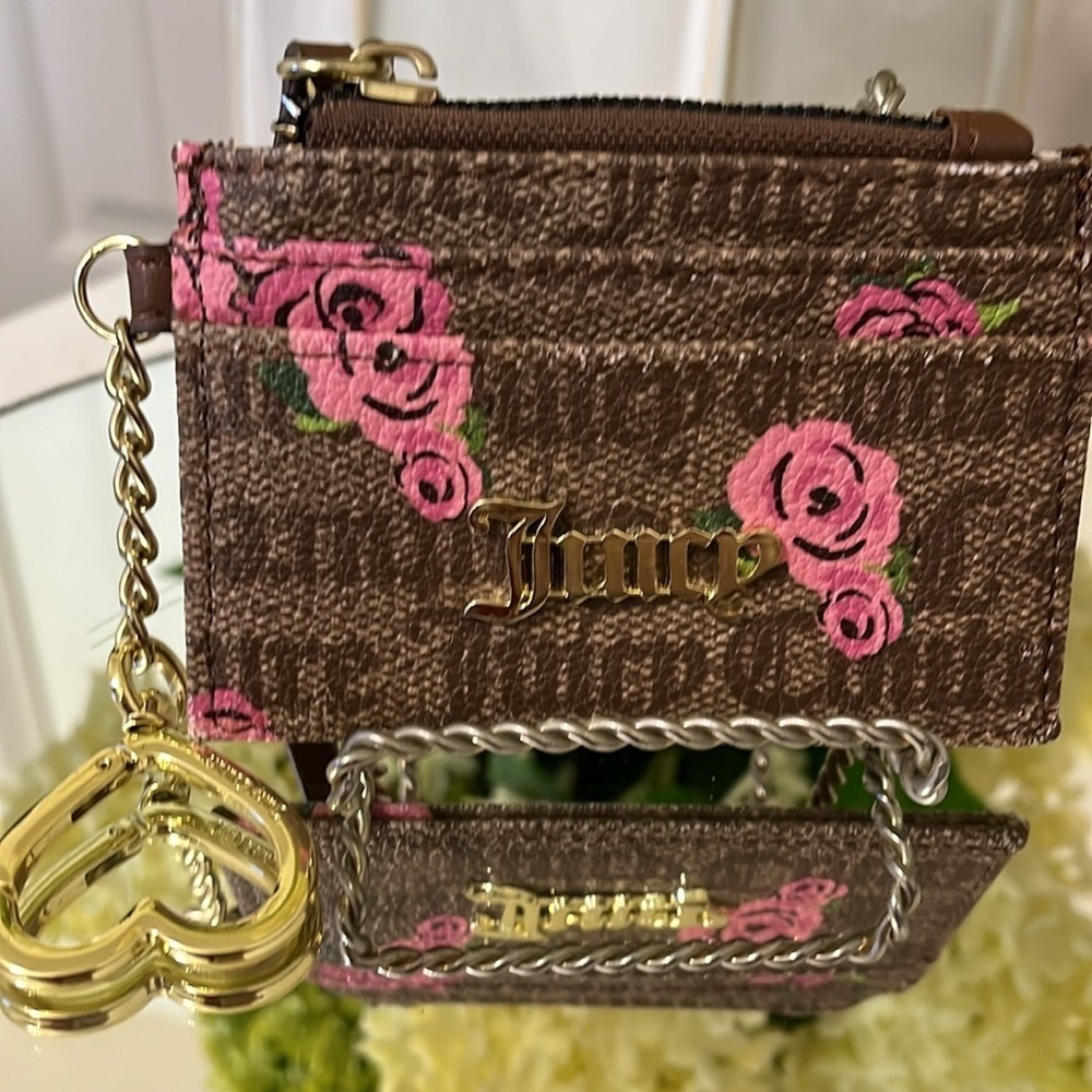 Juicy Couture Floral Painted Keychain Card Case w/Coin Zip Compartment - Picture 13 of 14